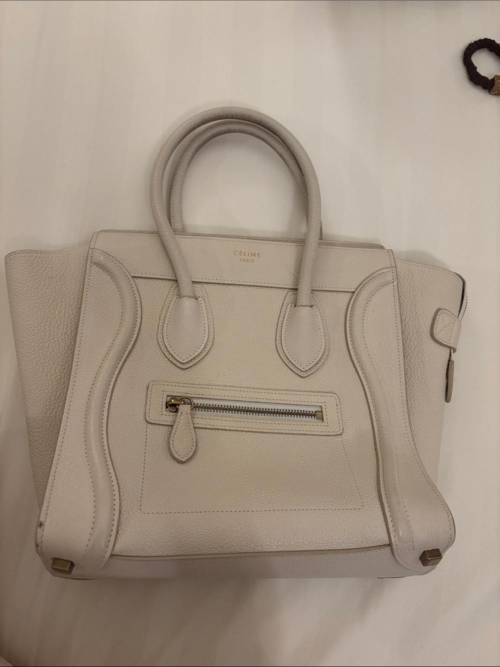 CELINE Dune White Luggage Shopper Handbag Calfskin Leather  Authentic